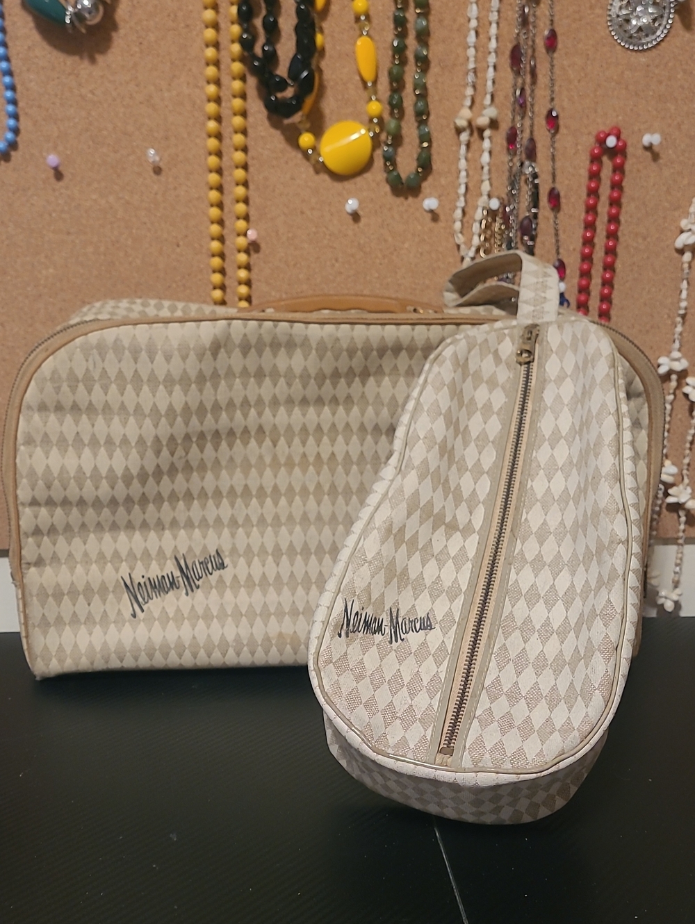 vintage Neiman Marcus beige and cream diamond jacquard travel and cosmetic bag